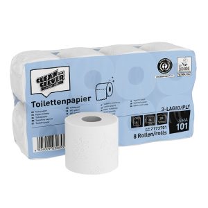 Toilettenpapier SMA101 CLEAN & CLEVER Recycling weiss, 3-lagig 250cps, 9,4 x11cm Pkt. 8 x 8 Rl.= 64 Rl. Pal. à 33 Pkt. = (2112 Rl.)