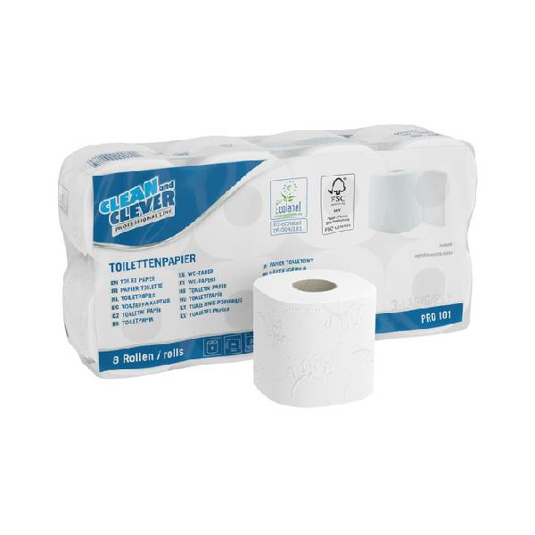 Toilettenpapier Kleinrollen PRO 101, CLEAN and CLEVER Zellstoffmix, 3-lagig, Rolle à 250 Blatt, 9,4 × 11 cm brilantweiss, Blumenprägung Pkt. 64 Rl. Pal. 33 Pkt. (2112)