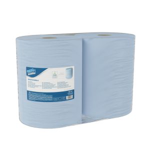 Wischtuchrolle Maxi PRO 251, CLEAN and CLEVER Recycling, 2-lagig, 38 × 36 cm, 1000 Blatt = 360 lfm, Aussen Ø 29 cm, geprägt, blau Pkt. 2 Rl.