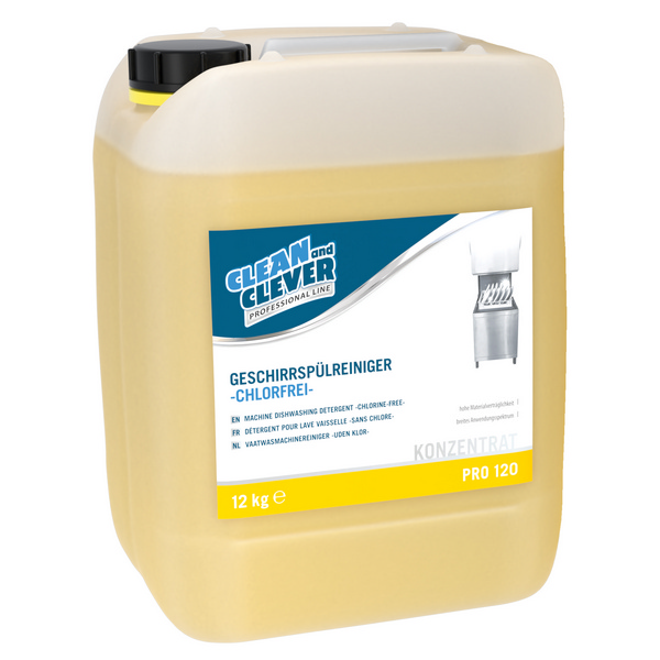 Geschirrspülreiniger PRO 120, CLEAN and CLEVER hellgelb, flüssig, pH: 12,3, chlorfrei, über Dosiergerät 12 kg