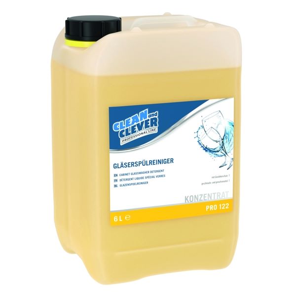 Gläserspülreiniger PRO 122, CLEAN and CLEVER gelb, flüssig, pH: 12,3, chlorfrei, schaumarm Bidon 6 Liter