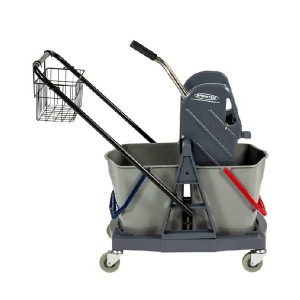 Doppelfahreimer, CLEAN and CLEVER mit Kunststoffpresse, verchromtes Fahrgestell mit Lenkrollen, verchromte Deichsel, 1 × Eimer Henkel rot17 Liter 1 × Eimer, Henkel blau17 Liter ohne Metallkorb