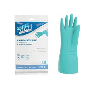 Nitril- Schutzhandschuhe PRO 57,CLEAN and CLEVER, Grösse S grün, 33 cm lang, innen velourisiert, aussen vollflächig texturiert, PSA Kategorie III, Grösse S Pkt. 12 Paar