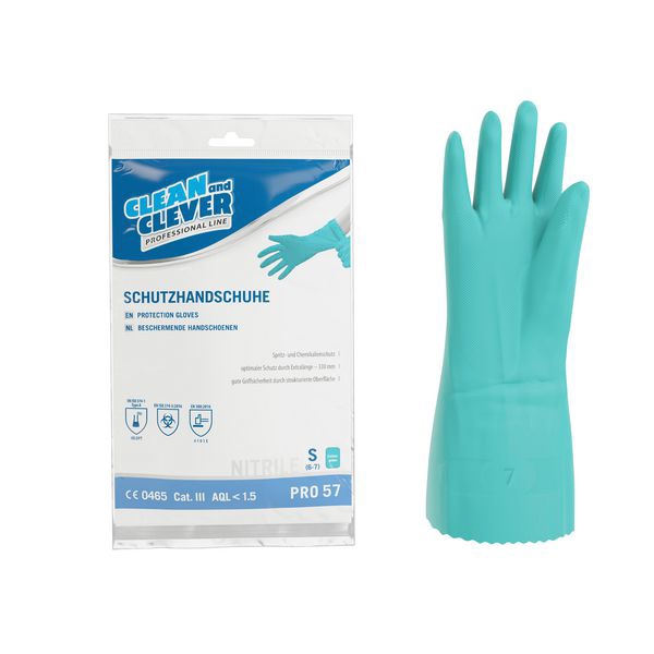 Nitril- Schutzhandschuhe PRO 57,CLEAN and CLEVER, Grösse S grün, 33 cm lang, innen velourisiert, aussen vollflächig texturiert, PSA Kategorie III, Grösse S Pkt. 12 Paar