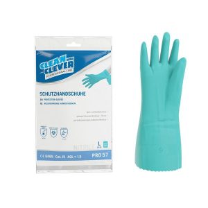 Nitril- Schutzhandschuhe PRO 57,CLEAN and CLEVER, Grösse L grün, 33 cm lang, innen velourisiert, aussen vollflächig texturiert, PSA Kategorie III, Grösse L Pkt. 12 Paar