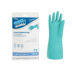Nitril- Schutzhandschuhe PRO 57,CLEAN and CLEVER, Grösse M grün, 33 cm lang, innen velourisiert, aussen vollflächig texturiert, PSA Kategorie III, Grösse M Pkt. 12 Paar