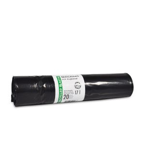 Kehrichtsäcke OKS mit Zugband 17 Liter LD-PE, schwarz, Recycling 410 × 500 mm, 0,038 mm Rl. à 20 Säcke Kt. 18 Rl.