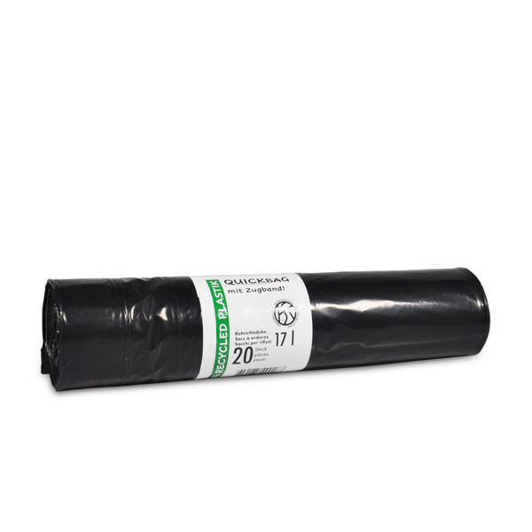 Kehrichtsäcke OKS mit Zugband 17 Liter LD-PE, schwarz, Recycling 410 × 500 mm, 0,038 mm Rl. à 20 Säcke Kt. 18 Rl.