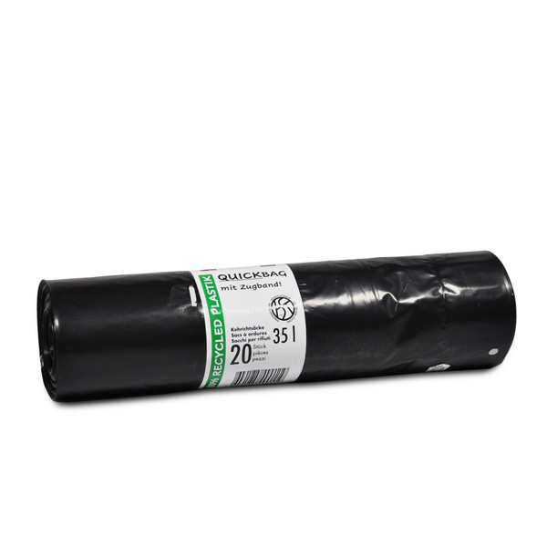Kehrichtsäcke OKS mit Zugband 35 Liter LD-PE, schwarz, Recycling 555 × 600 mm, 0,045 mm Rolle à 20 Säcke Kt. 15 Rl.