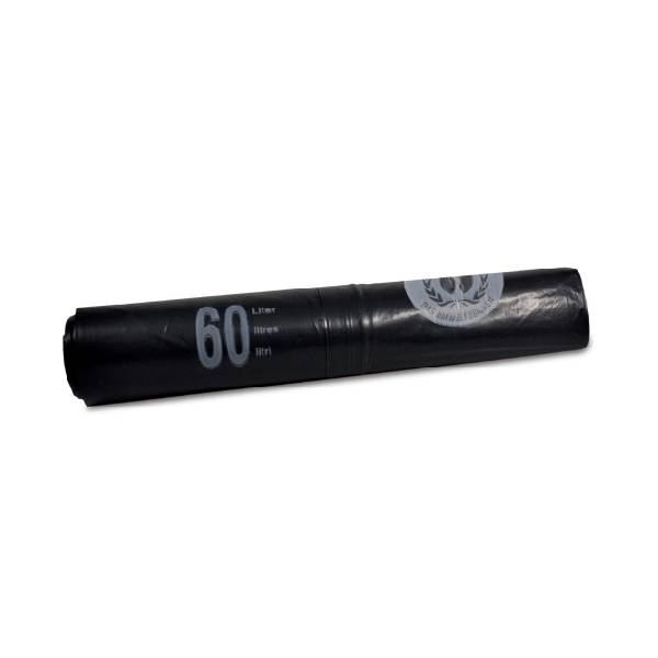 Kehrichtsäcke ECO mit Verschlussband ,60 Liter LD-PE Recycling, schwarz, 280 / 270 × 960 mm, 0,034 mm, Rolle à 10 Säcke, Kt. 30 Rl.