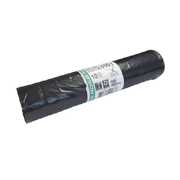 Kehrichtsäcke 110 Liter, LD-PE, schwarz, 90% Recyclinganteil, Swiss Made, 700 × 1040 mm, 0,05 mm, Rolle à 10 Säcke ohne OKS, mit eingeschweisstem Zugband Kt. 15 Rl. x 10 Säcke
