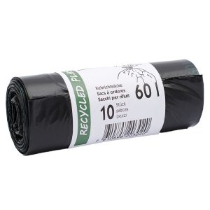 Kehrichtsäcke 60 lt, bedruckt, schwarz Standard-Qualität, HD/LLD-PE 24 my, 280 / 270 x 960 mm mit Verschlussband Kt. 30 Rl. x 10 Säcke