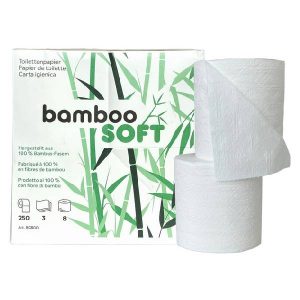 Toilettenpapier Bamboo SOFT Kleinrollen Bambus Zellstoff, 3-lagig, Rolle à 250 Blatt, 10,3 × 10 cm, 100% plastikfreie Verpackung Pkt. 64 Rl. Pal. 24 Pkt. (1536 Rl.)