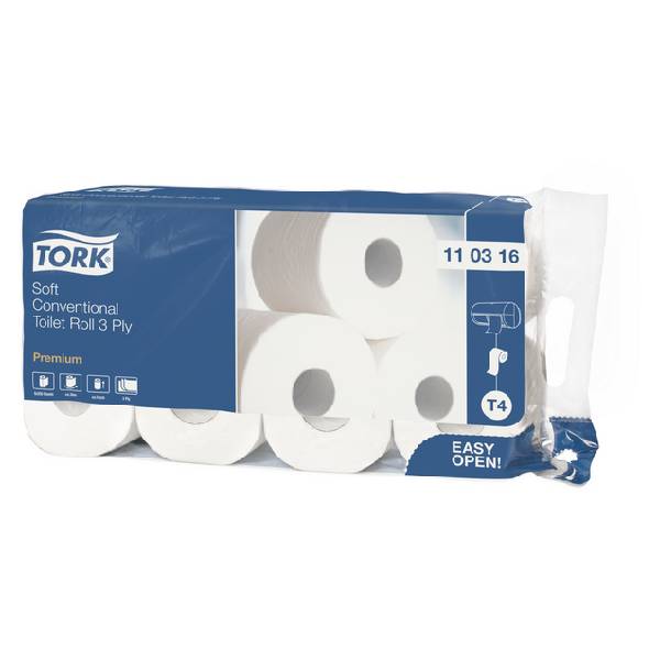 Toilettenpapier Tork Premium, 3-lagig, Zellstoff, weiss 250 Blatt à 10 x 12 cm Pkt. à 9 x 8 Rl. = 72 Rl. Pal. à 18 Pkt.