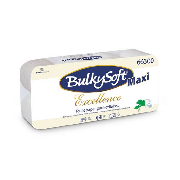 Toilettenpapier BulkySoft Excellence, 3-lagig, 100% Zellstoff, weiss, 250 Blatt à 13.2 x 9.5 cm, Pkt. à 72 Rl. (9 x 8), Pal. 18 Pkt. 66300