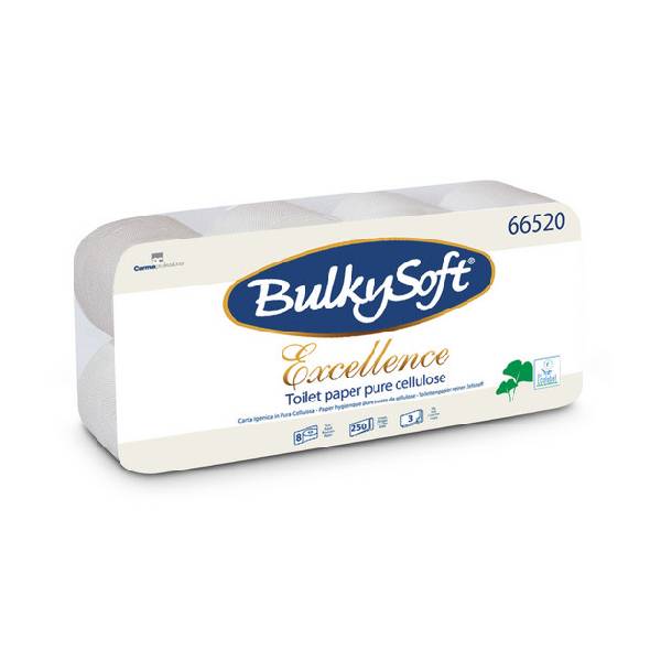 Toilettenpapier BulkySoft 3-lagig, 100% Zellstoff, weiss 250 Blatt à 11.5 cm Pkt.(9 x 8) 72 Rl. Pal. à 28 Säcken = 2016 Rl. 66520