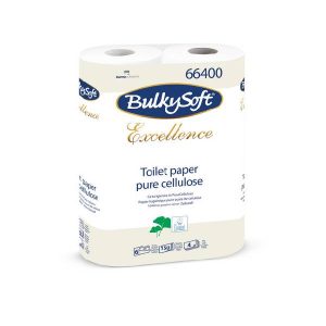 Toilettenpapier BulkySoft Excellence, 4-lagig, 100% Zellstoff, weiss, 150 Blatt à 13.5 x 9.5 cm, Pkt. à 6 Rl., Sack à 10 Pkt., 66400