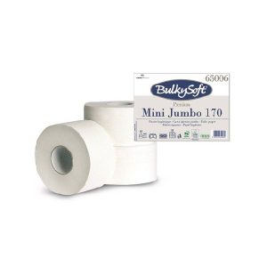 Toilettenpapier, Mini Jumborollen, 2-lagig, 100%, Zellstoff, ungeprägt, gerändelt, 170 m, Rl. 485 Blatt à 35 cm, Rollenbreite 9 cm, weiss, Kern Ø 60 mm, Pkt. à 12 Rl., 65006