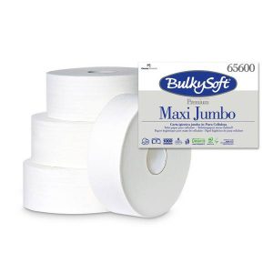 Bulkysoft Premium Toilettenpapier Maxi Jumbo Zellstoff, 2-lagig, weiss, 9 cm × 320 lfm, Aussen Ø 25,5 cm, unperforiert Pkt. 6 Rl.