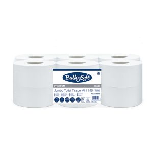 Bulkysoft Premium Toilettenpapier Mini Jumbo Zellstoff, 2-lagig, weiss, 9 cm × 145 lfm, unperforiert, Aussen Ø 19 cm Microprägung Pkt. 12 Rl.