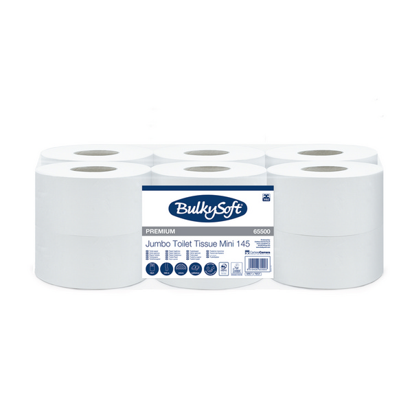 Bulkysoft Premium Toilettenpapier Mini Jumbo Zellstoff, 2-lagig, weiss, 9 cm × 145 lfm, unperforiert, Aussen Ø 19 cm Microprägung Pkt. 12 Rl.