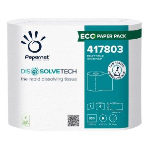 Papernet DissolveTech Toilettenpapier Kleinrolle Zellstoff, 1-lagig, Rolle à 850 Blatt, 9,5 × 11 cm, weiss Pkt. 28 Rl. Pal. 60 Pkt.