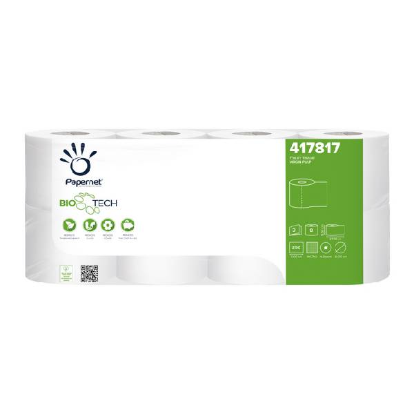 Papernet BioTech Toilettenpapier Kleinrollen Zellstoff, 3-lagig, Rolle à 250 Batt, 9,5 × 11 cm, weiss, Microprägung. Pkt. 56 Rl. Pal. 28 Pkt.