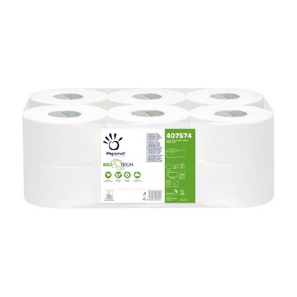 Papernet BioTech Toilettenpapier Mini Jumbo Zellstoff, 2-lagig, weiss, 9.5 cm × 140 lfm, Aussen Ø: 20 cm, Innen Ø 6 cm, Microprägung Pkt. 12 Rl. Pal. 48 Pkt.