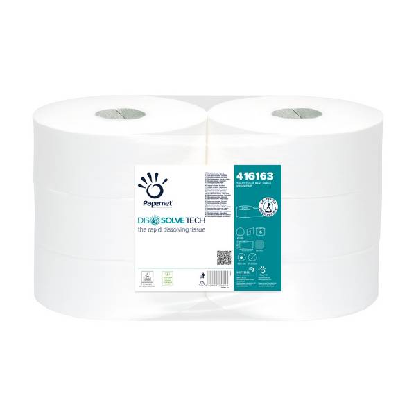 DissolveTech Toilettenpapier Maxi Jumbo Zellstoff, 1-lagig, weiss, 8,9 cm × 500 lfm, Aussen Ø 25 cm, Innen Ø 6 cm, Microprägung Pkt. 6 Rl. Pal. 56 Pkt.