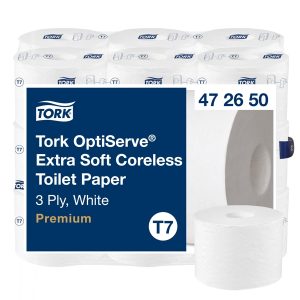 Tork Premium OptiServce Toilettenpapier Midi - T7 System Zellstoffmix, 3-lagig, weiss, ohne Hülse, 9,3 × 11,5 cm, Rolle à 550 Blatt, 63,25 lfm, Aussen Ø 13 cm, Lorbeerblattprägung Pkt. 18 Rl. Pal. 63 Pkt. (472650)