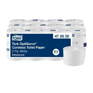 Tork Advanced OptiServe Toilettenpapier Midi - T7 System Recycling, 2-lagig, weiss, ohne Hülse, 9,3 x 13,1 cm, Rolle à 820 Blatt, 94,3 lfm, Lorbeerblattprägung Pkt. 24 Rl. Pkt. 44 Pkt. (472630)