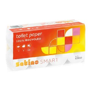 Toilettenpapier Satino Smart Kleinrollen Recycling, 3-lagig, Rolle à 250 Blatt, 9,5 × 11 cm, hochweiss, Waffelprägung Pkt. à 64 Rl. Pal. 33 Pkt. (=2112 Rl.)