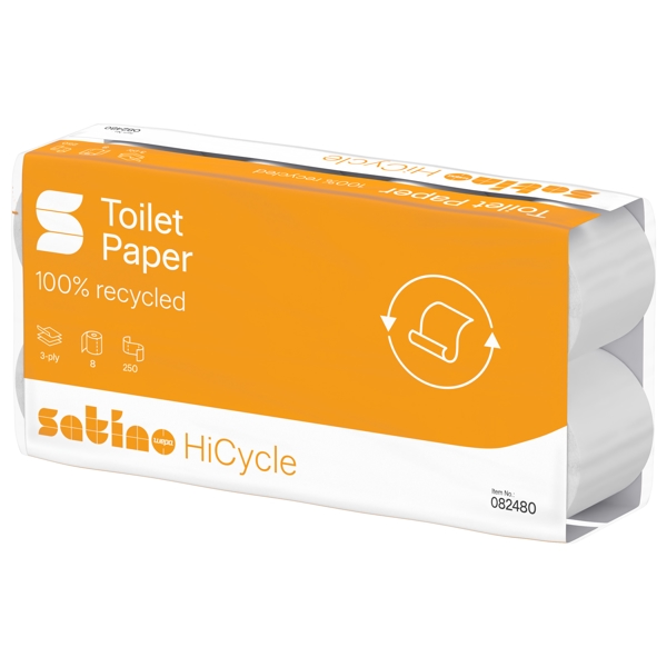 Satino HiCycle Toilettenpapier, Kleinrollen - MT1 System Recycling, 3-lagig, Rolle à 250 Blatt, 9,5 × 11 cm, hochweiss, Waffelprägung Pkt. 8x8 Rl. (64) Pal. 33 Pkt.