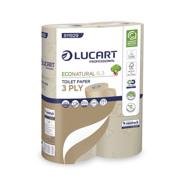 WC Papier 3-lagig Lucard Eco Natural 6.3, Recycling 9.6 x11cm, 250 cps havanna, Blumenprägung Pkt. à 5 x 6 = 30 Rollen, Pal. à 49 Pkt. 811929D