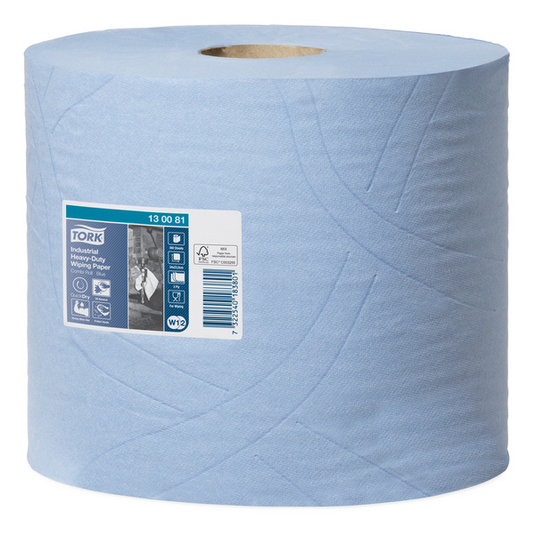 Tork Premium extra starke Industrie-Papierwischtücher Maxi – W1/W2 System Zellstoff, 3-lagig, 23,5 × 34 cm, Rolle à 350 Blatt = 119 lfm, Aussen Ø 26,2 cm, Innen Ø 7,1 cm, geprägt, blau Pkt. 2 Rl. Pal. 48 Pkt.(130081)