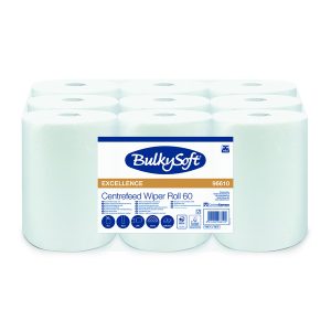 Reinigungsrollen Mini, BulkySoft Premium ,100 % Zellstoff 2-lagig, Micro-Prägung, lagenverleimt, weiss, Ø 13 cm, 22 cm x 60 lfm, 200 Blatt à 30 cm, Pkt. à 9 Rl., Pal. à 60 Pkt. 96610