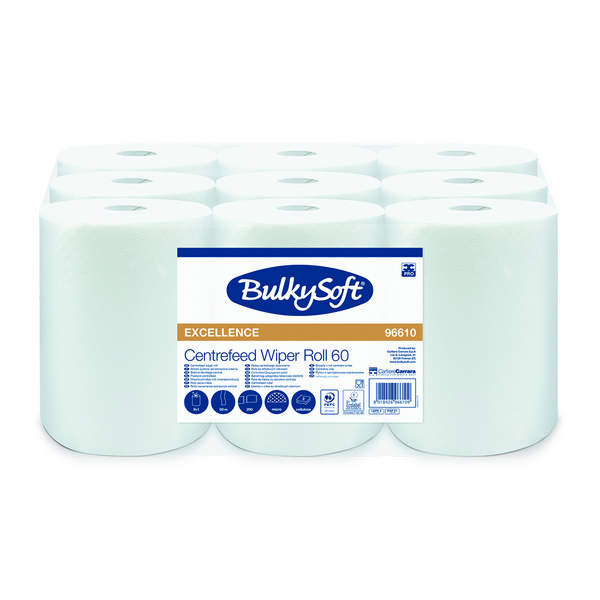 Reinigungsrollen Mini, BulkySoft Premium ,100 % Zellstoff 2-lagig, Micro-Prägung, lagenverleimt, weiss, Ø 13 cm, 22 cm x 60 lfm, 200 Blatt à 30 cm, Pkt. à 9 Rl., Pal. à 60 Pkt. 96610
