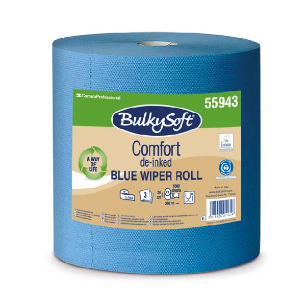 Bulkysoft Comfort Papierwischtücher Maxi Recycling, 3-lagig, Innen- / Aussenabrollung, 36 × 36 cm, Rolle à 1000 Blatt = 360 lfm, Aussen Ø 38 cm, Innen Ø 7,1 cm, Microprägung, blau Pkt. 1 Rl. Pal. 30 Pkt. (55943)