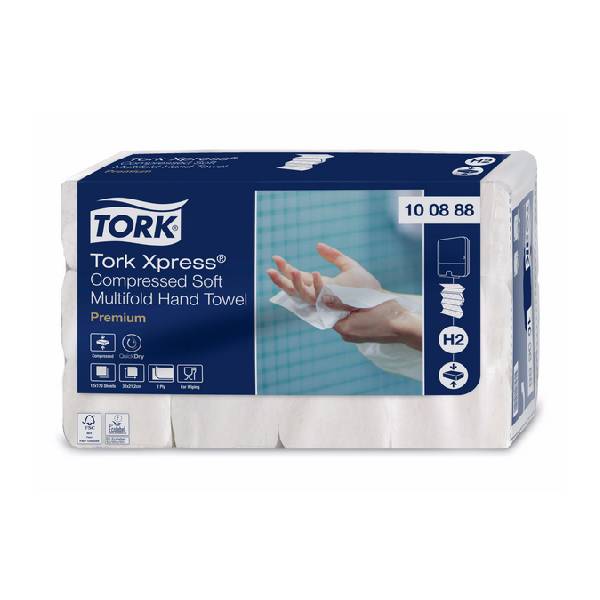 Tork Premium Komprimiertes Handtuch – H2 System W-Falzung, Zellstoff, 2-lagig, weiss, 21,2 × 32 cm, Tiefe gefaltet 8 cm, Sack. 12 x 170 Blatt, Pal 72 Sack (100888)