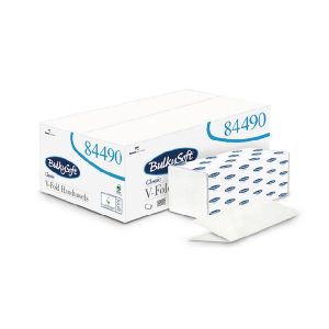 Papierhandtücher, BulkySoft Classic, 100% Zellstoff, V - Falz, 2-lagig, geprägt, lagenverleimt, weiss 21 x 24 cm, Bundbreite 10.5 cm, Kt. à 15 x 200 Blatt, Pal. 28 Karton 84490