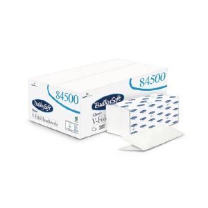 Papierhandtücher, BulkySoft Classic,100% Zellstoff, V-Falz 2-lagig, geprägt, lagenverleimt, weiss 21.5 x 24 cm, Bundbreite 10.5 cm, Kt. à 20 x 200 Blatt, 84500