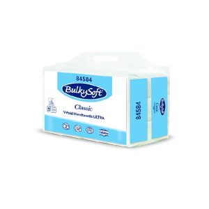 Bulkysoft Classic Handtuch V-Falzung, Zellstoff, 2-lagig, weiss, 24 × 21 cm, Tiefen gefaltet 10,5 cm, Bund 250 Blatt, Mikroprägung Easy Bag 3000 Blatt. Pal. 64 Easy Bag