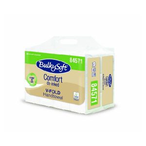 Bulkysoft Comfort Handtücher V-Falzung, Recycling, 2-lagig, weiss, 24 × 21 cm, Tiefen gefaltet 10,5 cm, Bund à 250 Blatt, Sack à 3000 Blatt