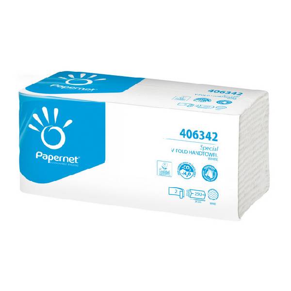 Papernet Handtuch V-Falz, Recycling 2-lagig, weiss, 24 × 23 cm, Tiefe gefaltet 11,5 cm, Bund15 x 250 Blatt (3750 Blatt). Pal. 32 Kt.