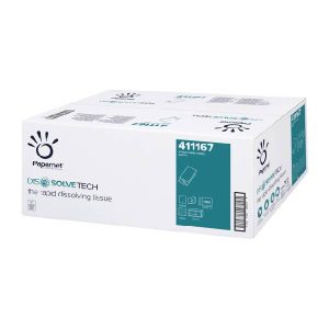 Papernet DissolveTech Handtuch V-Falz, Zellstoff, 2-lagig, weiss, 24 × 21 cm, Tiefe gefaltet 10,5 cm, Bund 250 Blatt, Kt. 3750 Blatt. (15 x 250) Pal. 36 Kt.