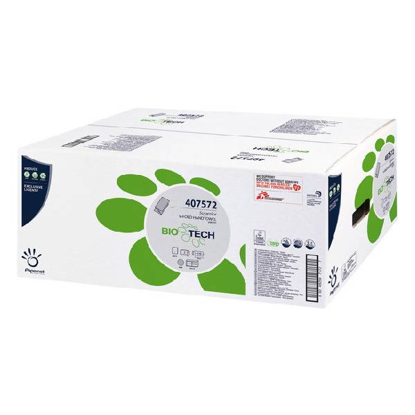 Papernet BioTech Handtuch V-Falz, Zellstoff, 2-lagig, weiss, 22 × 21 cm, Tiefe gefaltet 10,5 cm, Bund 210 Blatt, Kt. 3150 Blatt. (15 x 210) Pal. 20 Kt.