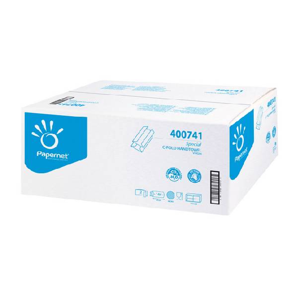 Papernet Handtuch C-Falz, Zellstoff, 2-lagig, weiss, 23 × 32 cm, Tiefe gefaltet 9,4 cm, Bund 144 Blatt, Kt. 2880 Blatt. (20 x 144) Pal. 36 Kt.