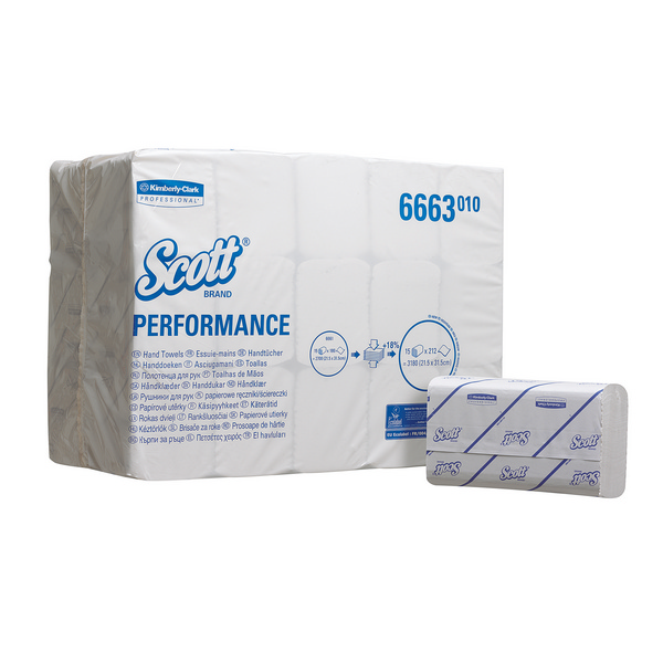 Kimberly-Clark Scott Performance Handtuch W-Falzung, Airflex, 1-lagig, weiss, 21,5 × 31,5 cm Tiefe gefaltet 10,5 cm, Pkt. 15 x 212 Blatt (3180 Blatt) Pal. 32 Pkt.